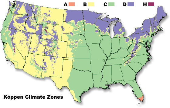 An illustration of climate zones on a US map
